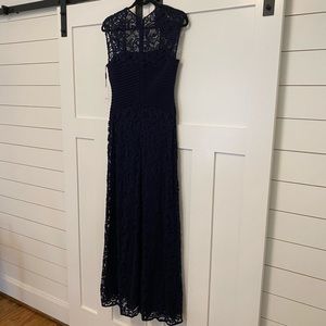 Long Navy Blue Lace Formal Dress